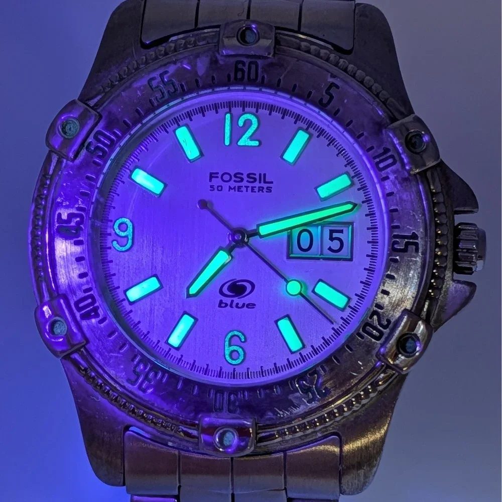 Fossil Blue AM-3252 Big Date SS Diver Watch Rotating Bezel Lume 40mm 8